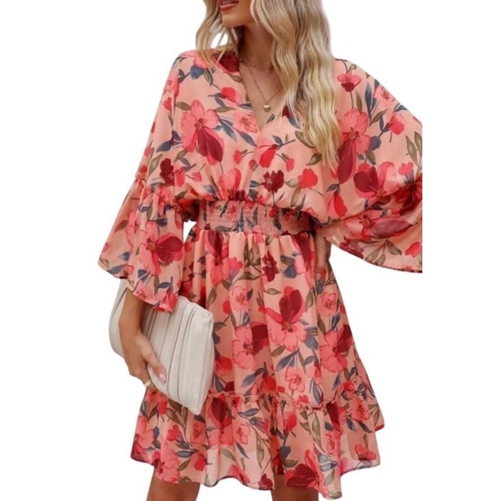 NEW Floral Smocked Waist Bell Sleeve Mini Dress Pink Peach Size Small Boho